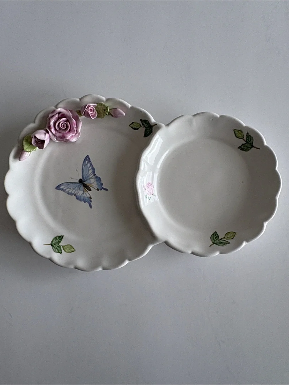 Floral Butterfly Porcelain Divided Serving Dish in White and Pink